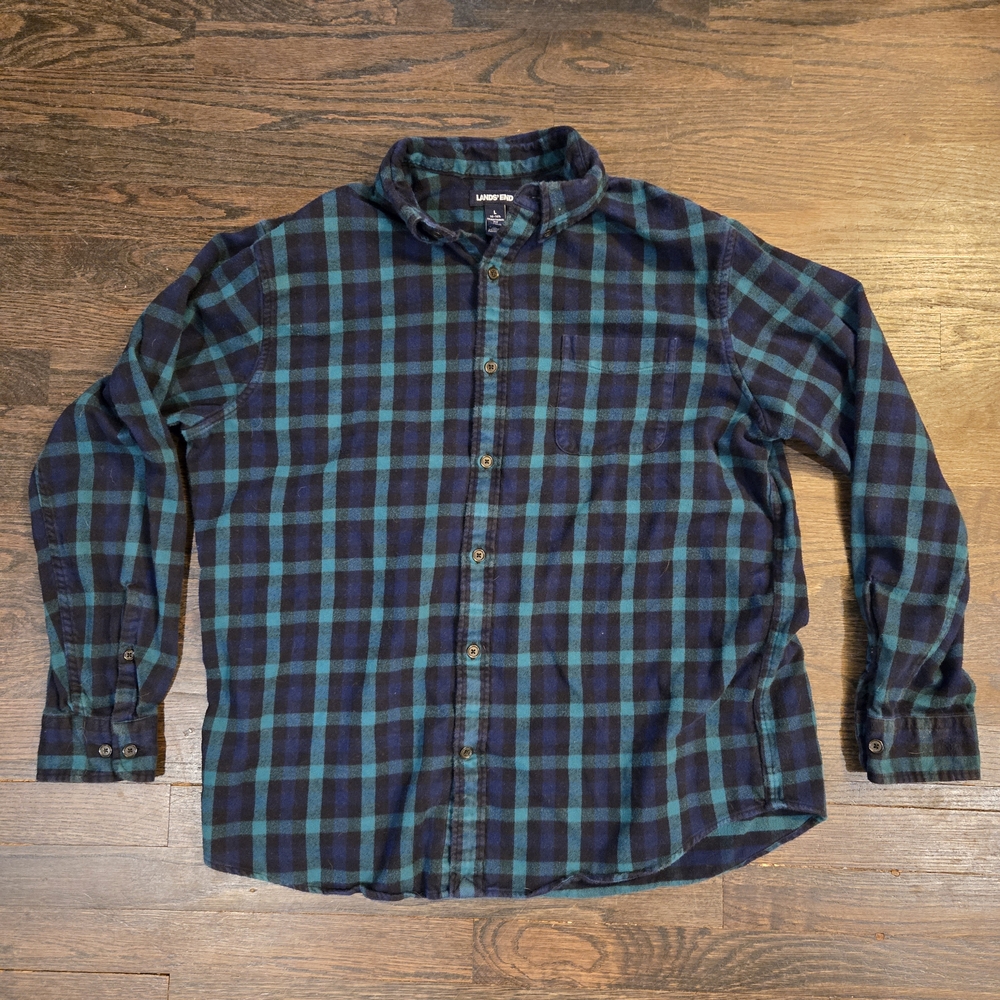Lands' End Men's Blue and Green Plaid Flannel Shirt